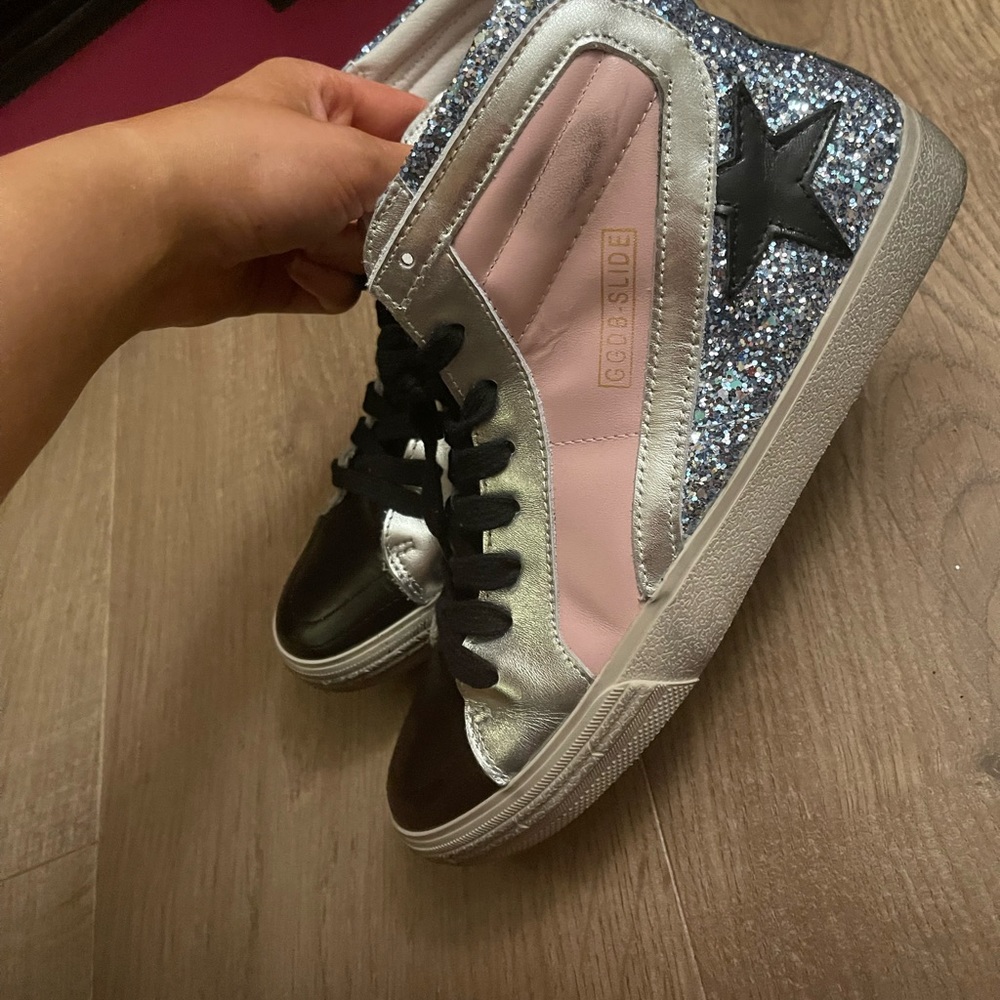 Golden goose pink and black slide shoes